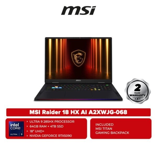 MSI Raider 18 HX AI A2XWJG-068 18" UHD+ Gaming Laptop ( Ultra 9 285HX / RTX5090 )